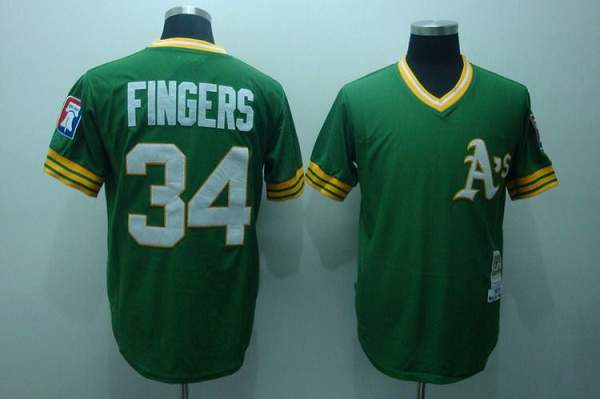 Mitchell and Ness Athletics #34 Rollie Fingers Stitched Green Throwback MLB Jersey - Click Image to Close